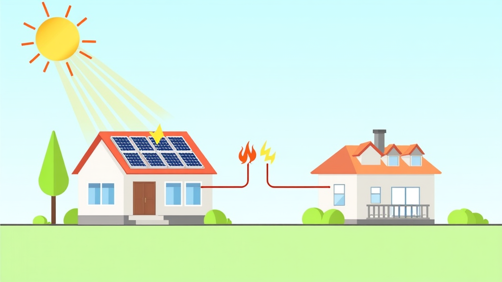 Solar photovoltaic panels on a residential roof with bright sunlight and a blue sky